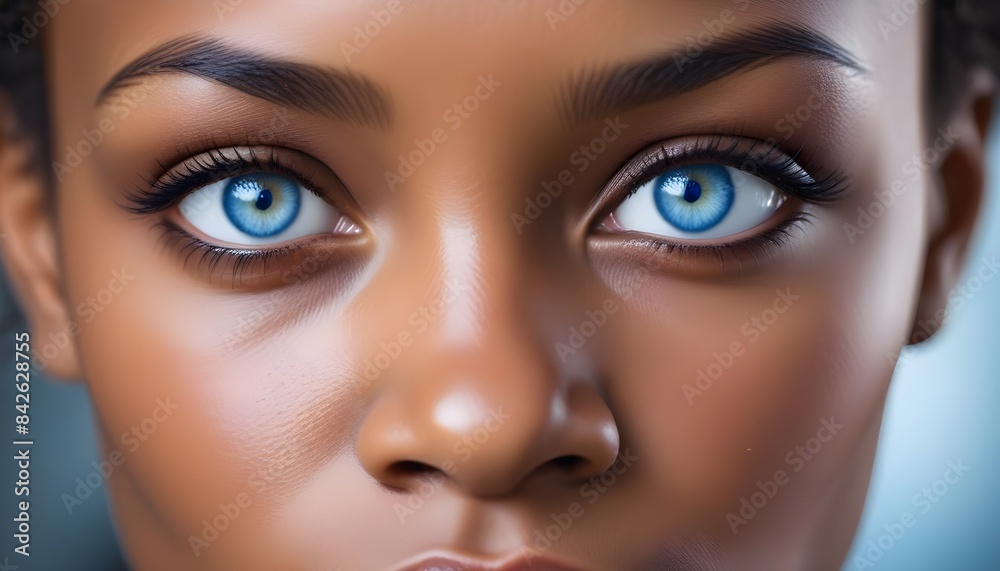 African American woman, blue eyes, intense stare, closeup