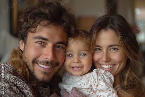 Happy young family, having fun, quality time at home, laughter, genuine smiles, warm atmosphere, cozy indoor environment, casual attire.
