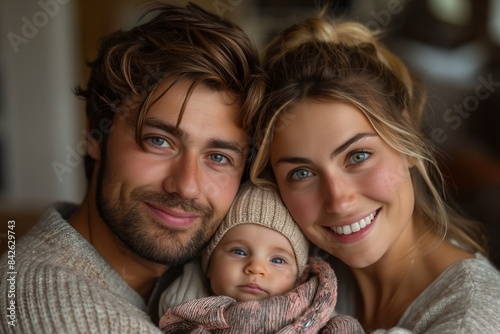 Happy young family, having fun, quality time at home, laughter, genuine smiles, warm atmosphere, cozy indoor environment, casual attire.