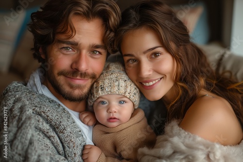 Happy young family, having fun, quality time at home, laughter, genuine smiles, warm atmosphere, cozy indoor environment, casual attire.