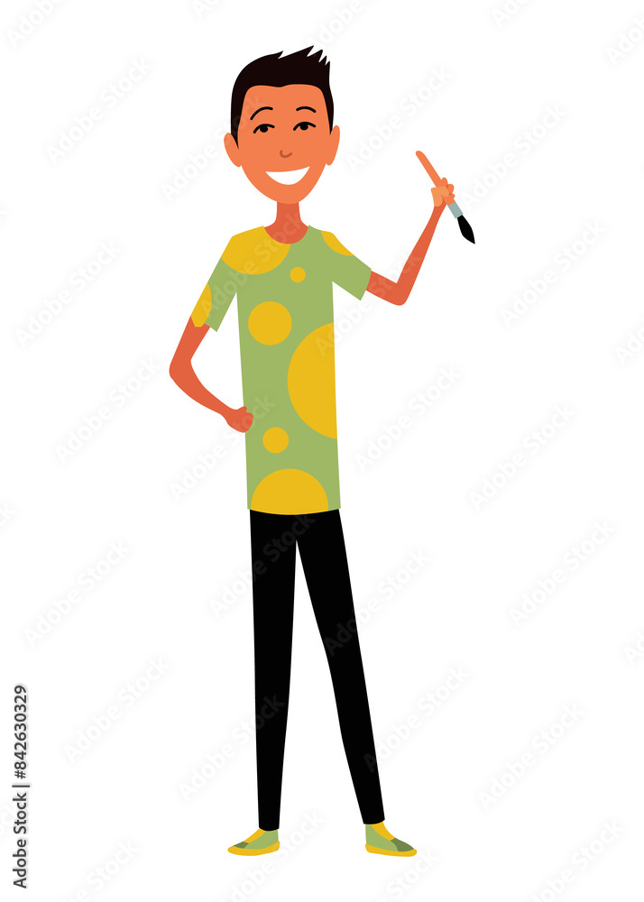 Kid Painting and Drawing with Brushes and Pencils on White Wall Illustration Kid Painting and Drawing with Brushes and Pencils on White Wall Illustration