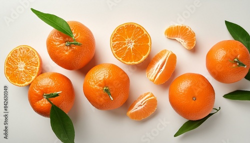 Whole and sliced mandarins isolated on a white background seen from above