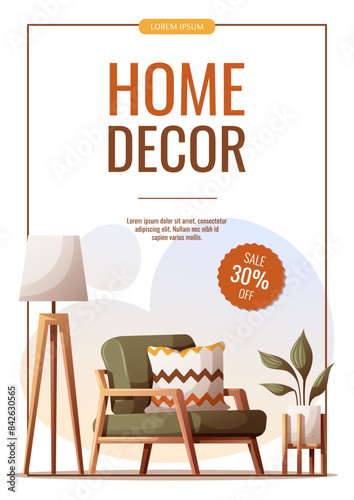 Flyer design with cozy armchair, potted plant, tripod floor lamp. Interior design, furniture, living room, home decor concept. Vector illustration for banner, advertising, promo.