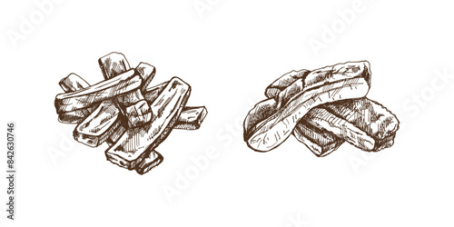 Hand-drawn monochrome vector sketch set of barbecue ribs. Doodle vintage illustration. Decorations for the menu of cafes and labels. Engraved image.