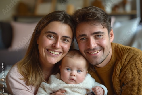Happy young family, having fun, quality time at home, laughter, genuine smiles, warm atmosphere, cozy indoor environment, casual attire.