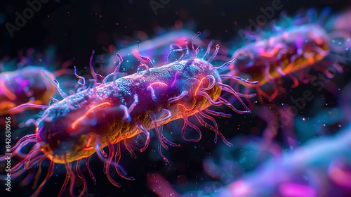 Extreme closeup of bacteria with detailed textures, vibrant colors, glowing under fluorescence, dark background, hyperdetailed microscopic view photo