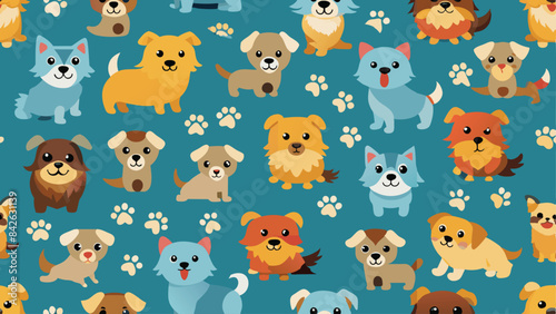 seamless pattern of a cute kawai dog on diferent style and colors