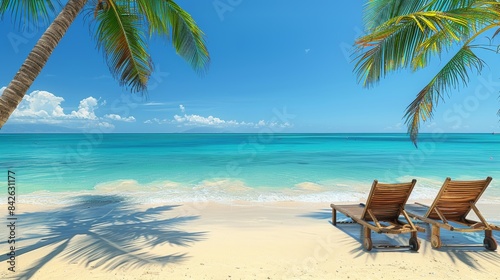 Deckchairs and umbrella on the beach with copy space, vintage travel postcard style.