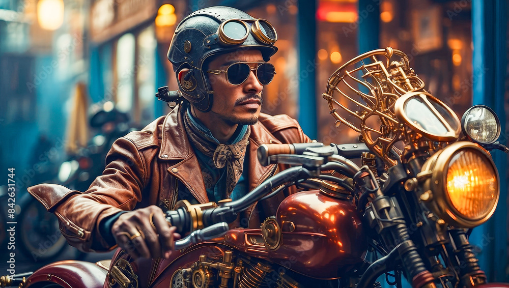 Man on a custom motorcycle in an authentic creative workshop in vintage steampunk style Man on a custom motorcycle in an authentic creative workshop in vintage steampunk style