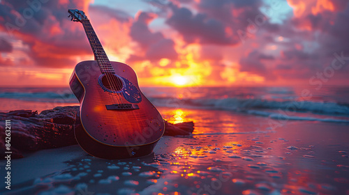 A peaceful scene on the beach at sunset, with an acoustic guitar leaning against a log