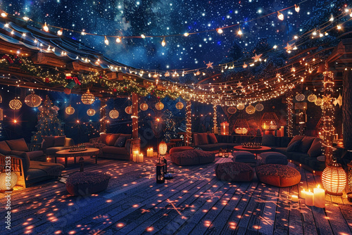 A magical fairy lights Christmas background with twinkling strings of lights, cozy seating areas, and festive decorations against a backdrop of starry skies and glowing lanterns. photo
