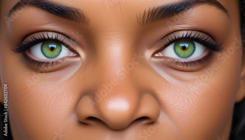 African American woman, green eyes, intense stare, closeup