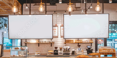 a restaurant with white blank screen banners,Mock up screen display Restaurant Cafe Menu food, for restaurant marketing, food service industry, digital menu advertising, and customer engagement