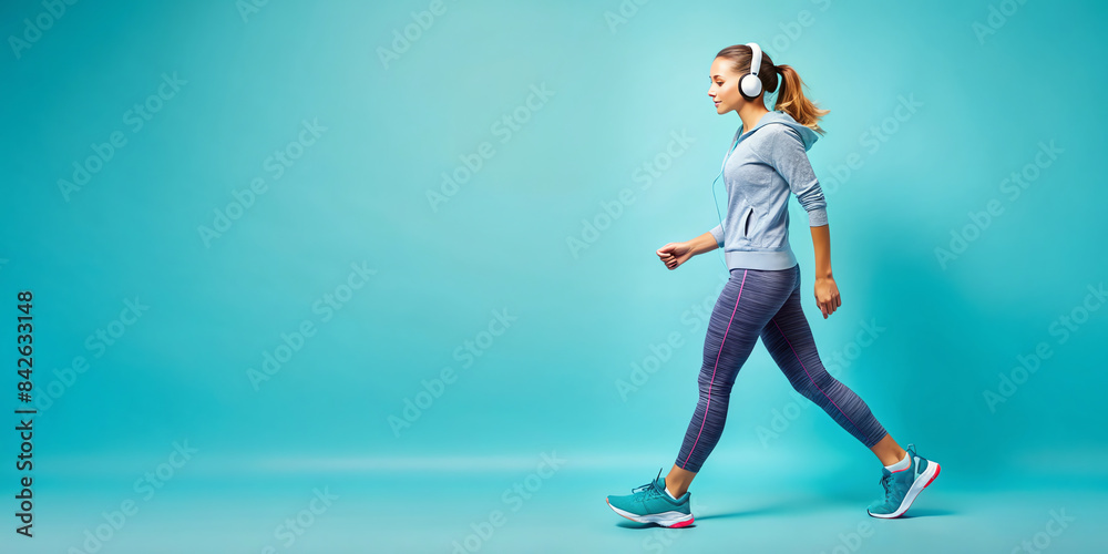 Fototapeta premium woman with headphone walking on blue background.