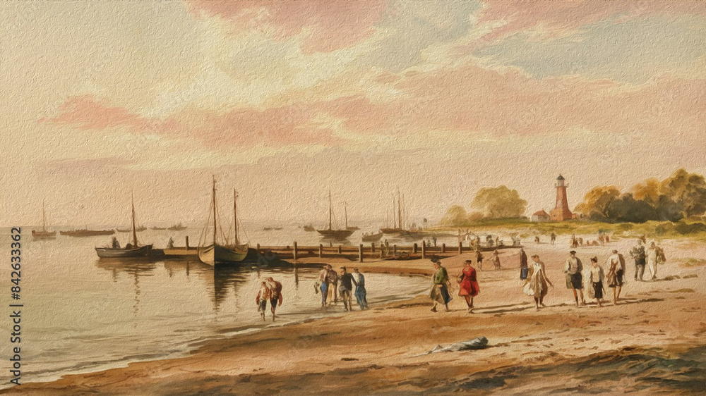 people walking on the beach, boats in the background, 19th century watercolor art painting people walking on the beach, boats in the background, 19th century watercolor art painting