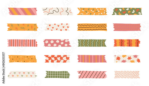 Big cartoon set of washi tape stripes with squiggle, geometry and cute pattern. Vector adhesive tapes with colorful hand drawn memphis ornament. Trendy decorative scotch tape with ragged edges.