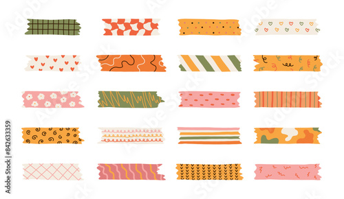 Big cartoon set of washi tape stripes with squiggle, geometry and cute pattern. Vector adhesive tapes with colorful hand drawn memphis ornament. Trendy decorative scotch tape with ragged edges.