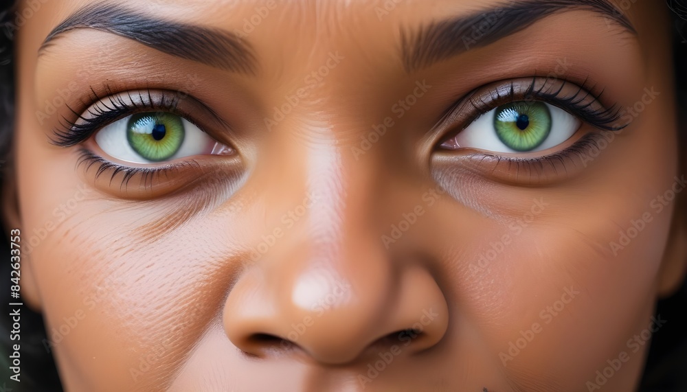 Naklejka premium African American woman, green eyes, intense stare, closeup