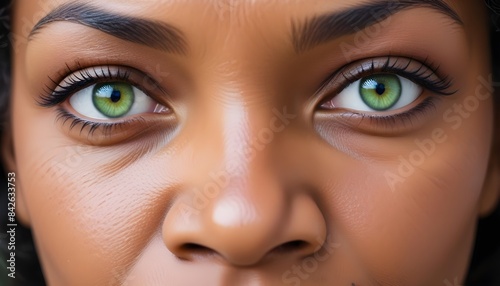 African American woman, green eyes, intense stare, closeup