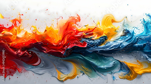 Bold splashes of expressive colors in red, blue, green, and yellow against a pure white surface, showcasing dynamic movement