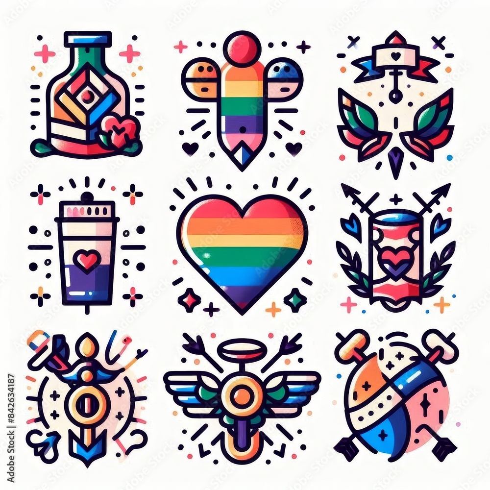 A set of colorful images with a rainbow heart and a heart with a rainbow A set of colorful images with a rainbow heart and a heart with a rainbow