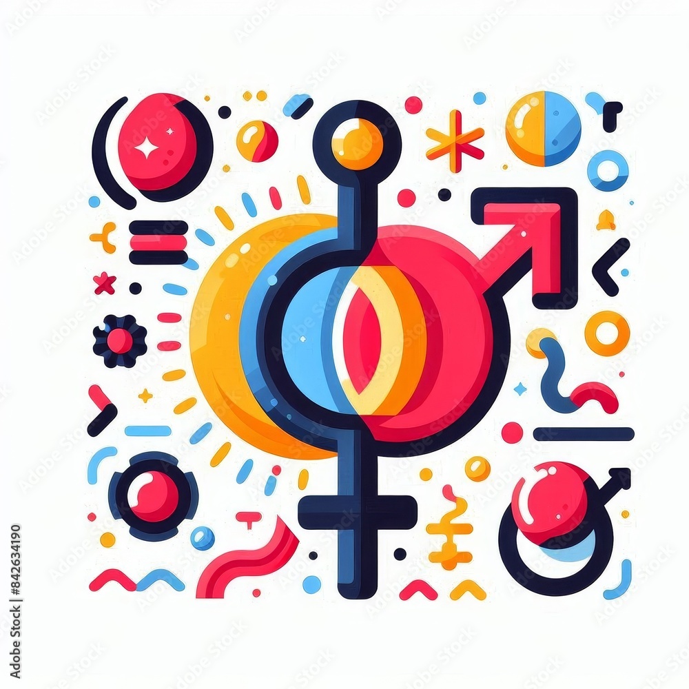 Obraz premium A colorful drawing of a man and a woman with a red arrow pointing to the right