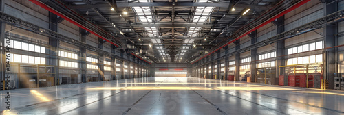  Large empty warehouse with sunlight streaming through the windows. industrial interior features high ceilings, metal beams, , for storage and logistics operations.. © Planetz