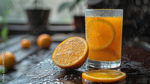 Refreshing Orange Juice Drink With Sliced Oranges on Wet Wooden Table