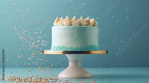 White Cake With Sprinkles Falling On Blue Background