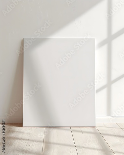 front view of one white blank canvas leaning against the wall 