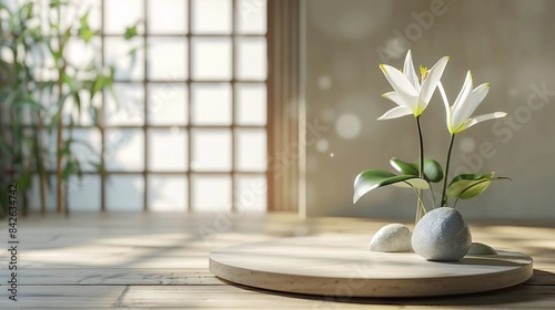 Natural Lily Podium, front view focus, with a Zen Garden Background, ideal for wellness and spa product displays