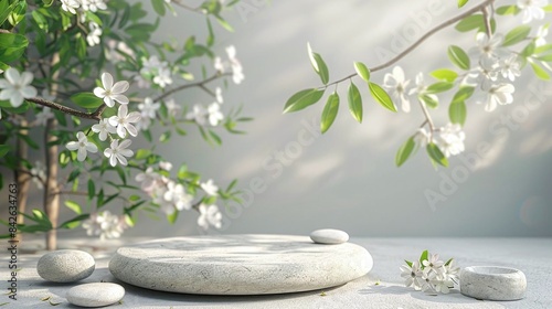Natural Jasmine Podium, front view focus, with a Zen Garden Background, ideal for wellness and spa product displays