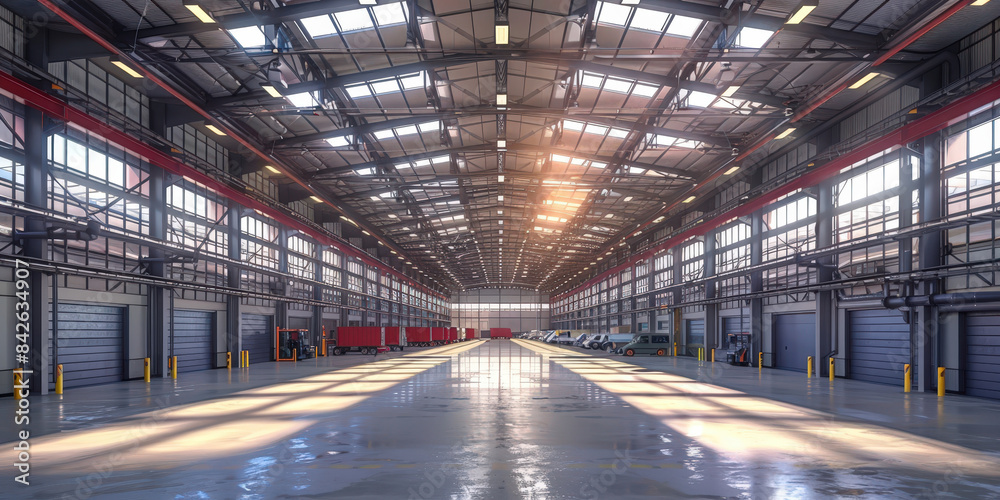 Large empty warehouse with sunlight streaming through the windows. industrial interior features high ceilings, metal beams, , for storage and logistics operations.. Large empty warehouse with sunlight streaming through the windows. industrial interior features high ceilings, metal beams, , for storage and logistics operations..