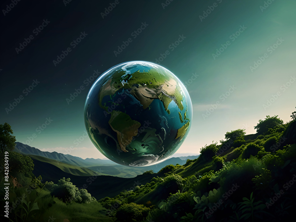 Green Earth floating in space above a mountain range. Green Earth floating in space above a mountain range.