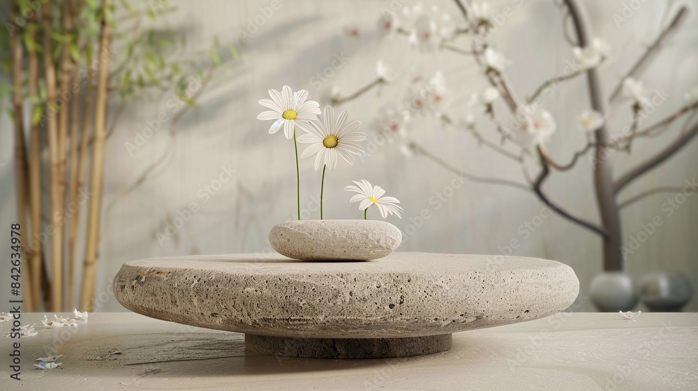 Natural Daisy Podium, front view focus, with a Zen Garden Background, ideal for wellness and spa product displays Natural Daisy Podium, front view focus, with a Zen Garden Background, ideal for wellness and spa product displays