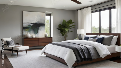 Modern bedroom design, high-end apartment or luxury hotel, with beautiful city scenery, neat sheets and pillows outside the floor to ceiling window © StellarK