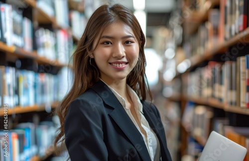 Woman Holding Laptop in a Library With Bookshelves in the Background