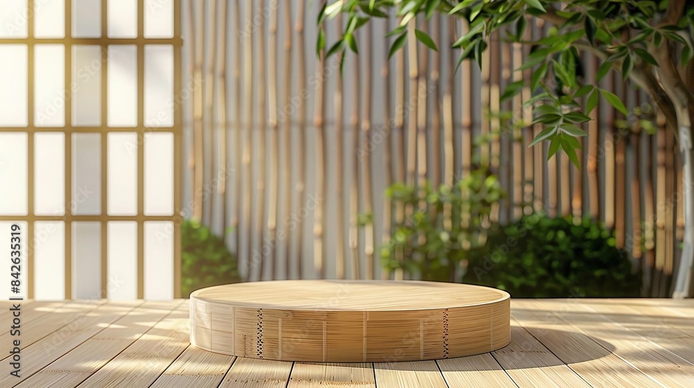 Natural Bamboo Podium, front view focus, with a Zen Garden Background, ideal for wellness and spa product displays Natural Bamboo Podium, front view focus, with a Zen Garden Background, ideal for wellness and spa product displays