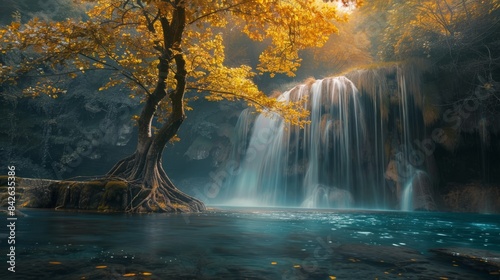 Traumhafter Wasserfall in die Natur eingebettet. Das Wasser rauscht und schafft eine friedliche und meditative Atmosphäre. Gefühl der Achtsamkeit.