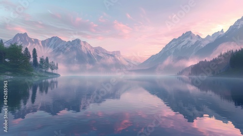 8k photorealistic A serene  high-resolution image capturing the peaceful beauty of a mountain lake at dawn