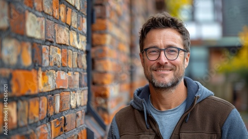 Confident Man With Arms Crossed, Standing in Front of Brick Wall