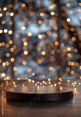 Brown Round Platform With Golden Lights Background