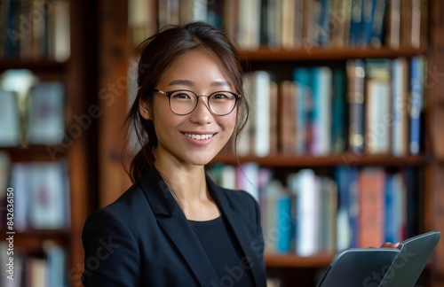 Woman Holding Laptop in a Library With Bookshelves in the Background