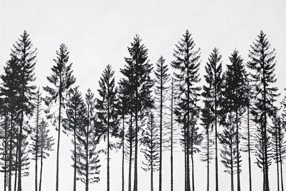 Fototapeta premium Tall pine trees are silhouetted against a white background creating a stark contrast