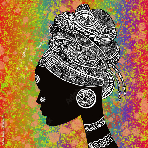 Doodle of  African girl with beautiful ethnic turban  and earing  surrounded by colorful background