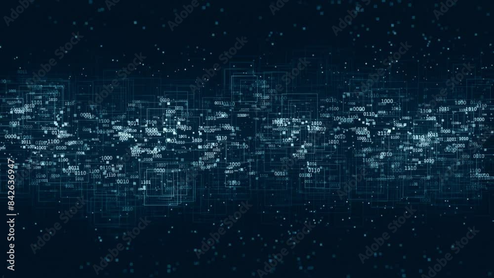 Digital Stream of Binary Numbers. Floating Numbers and Square Blocks. Dark Blue High Tech Background. Looped video.