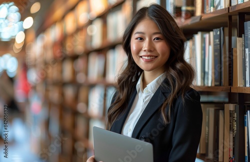 Woman Holding Laptop in a Library With Bookshelves in the Background