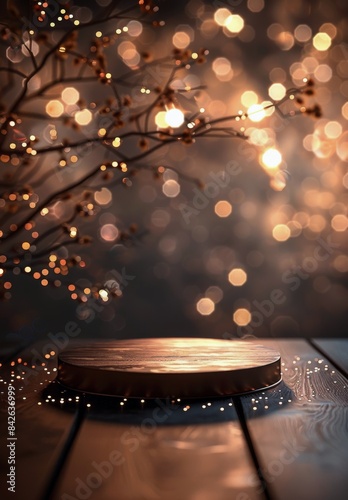 Brown Round Platform With Golden Lights Background