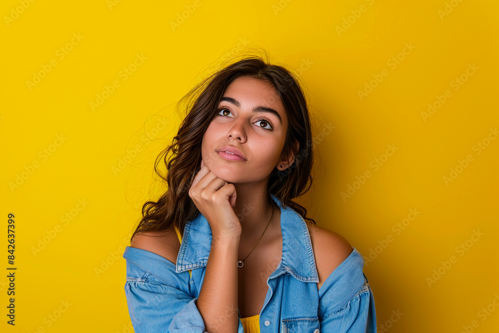 Young woman having an idea while looking up to the side with holding chin isolated on yellow background Young woman having an idea while looking up to the side with holding chin isolated on yellow background