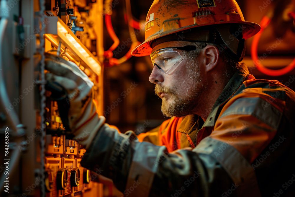 a man in a hard hat and safety glasses working on a machine a man in a hard hat and safety glasses working on a machine